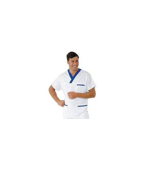 CASACCA OSPEDALIERA A V ISACCO MODELLO UNISEX BIANCO - BLU CINA